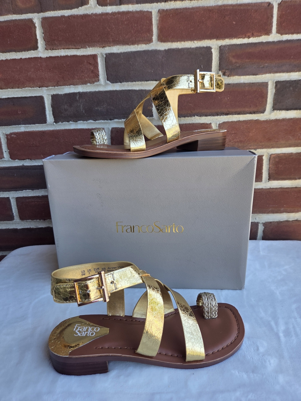 Franco Sarto L-INA Gold Metallic Strappy Toe Ring Sandals Size 5 New